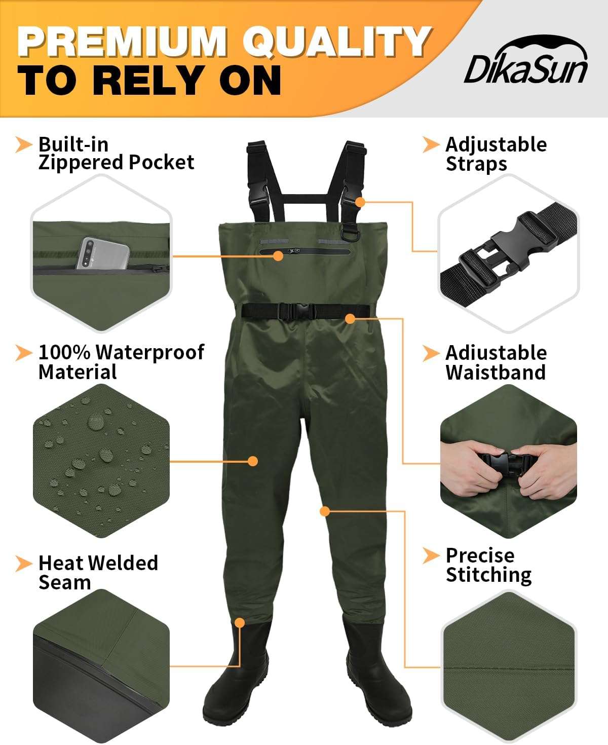 DikaSun Lightweight Bootfoot Chest Waders - Dark Green