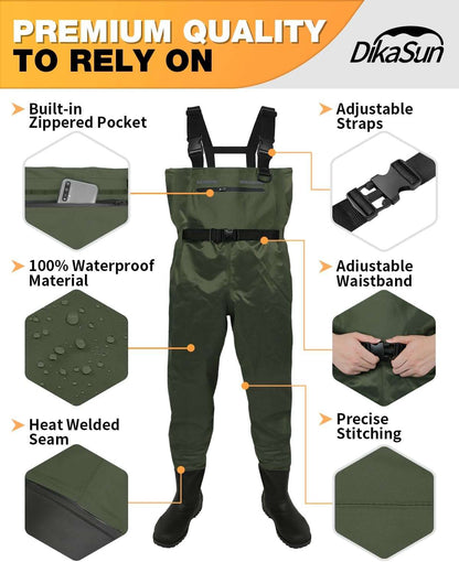 DikaSun Lightweight Bootfoot Chest Waders - Dark Green