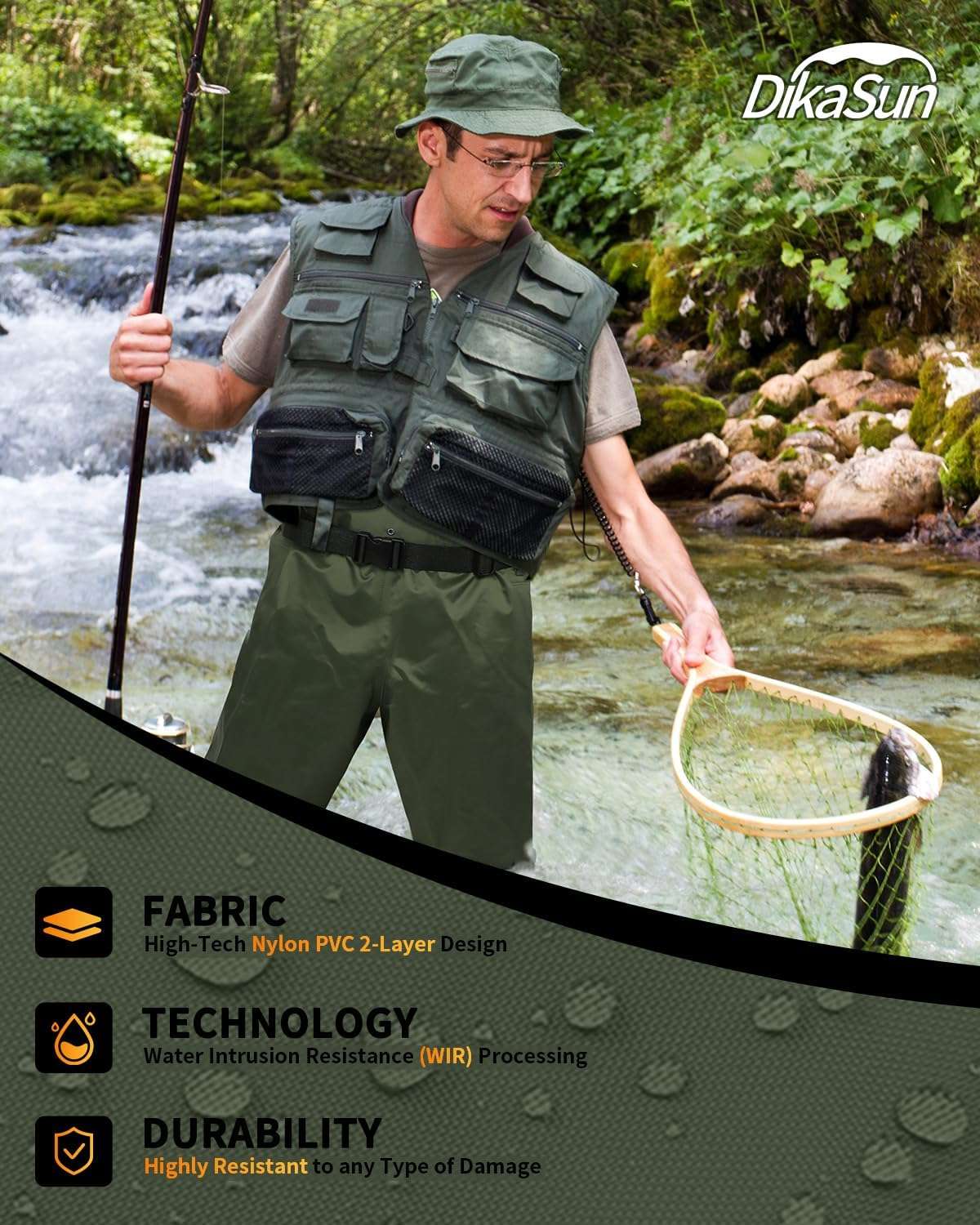 DikaSun Lightweight Bootfoot Chest Waders - Dark Green