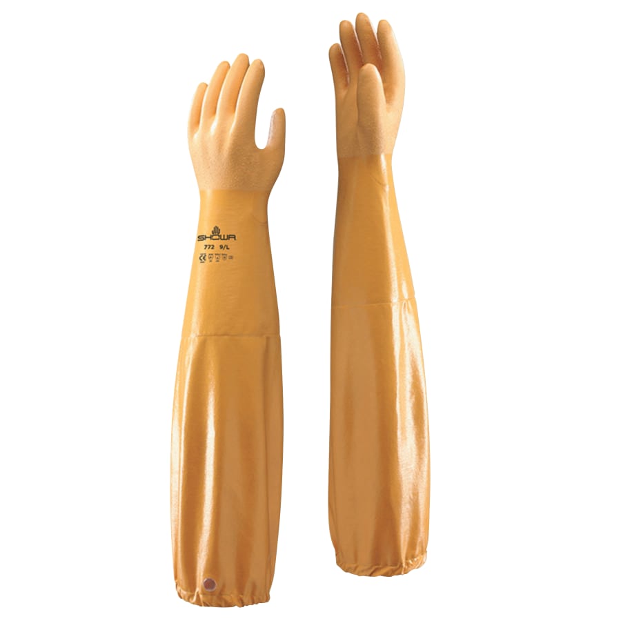 772 Nitrile Gloves, Gauntlet Cuff, Cotton/Polyester Lining, Large, Yellow, 20 mil