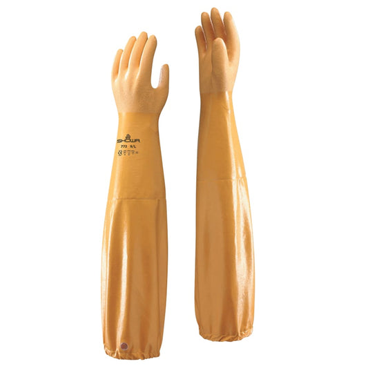 772 Nitrile Gloves, Gauntlet Cuff, Cotton/Polyester Lining, Large, Yellow, 20 mil